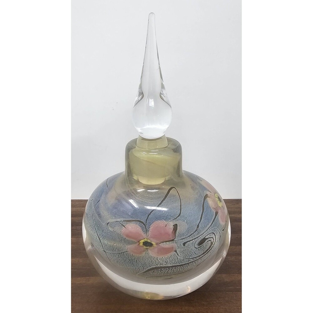 Vintage Vandermark Blue Art Glass Floral Perfume Bottle Signed And Numbered 5.5"